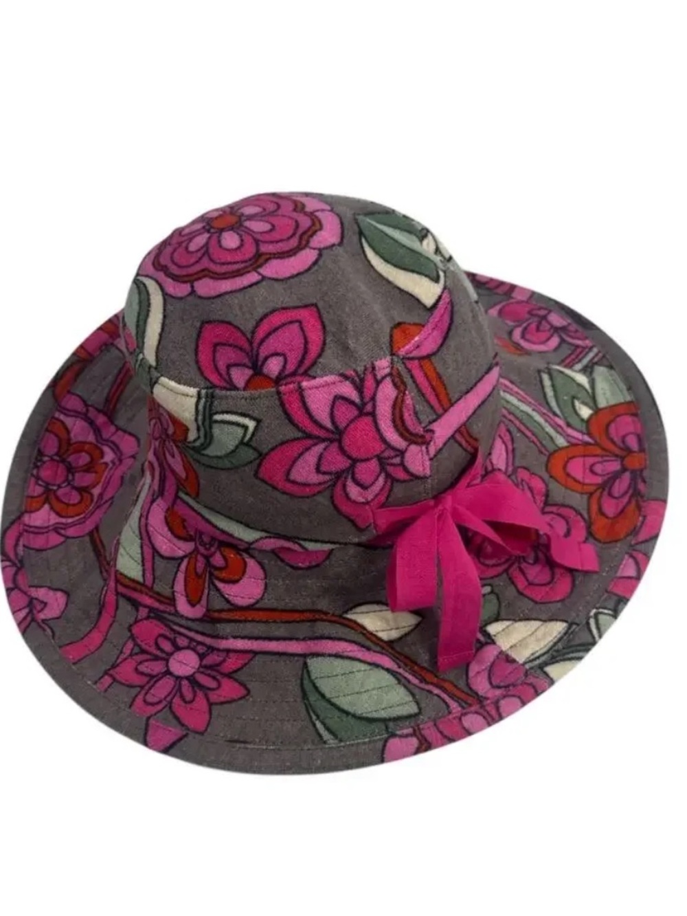 Juicy Couture Pink Gray Floral Bow Ribbon Vintage 2009 Terry Cloth Wide Brim Hat